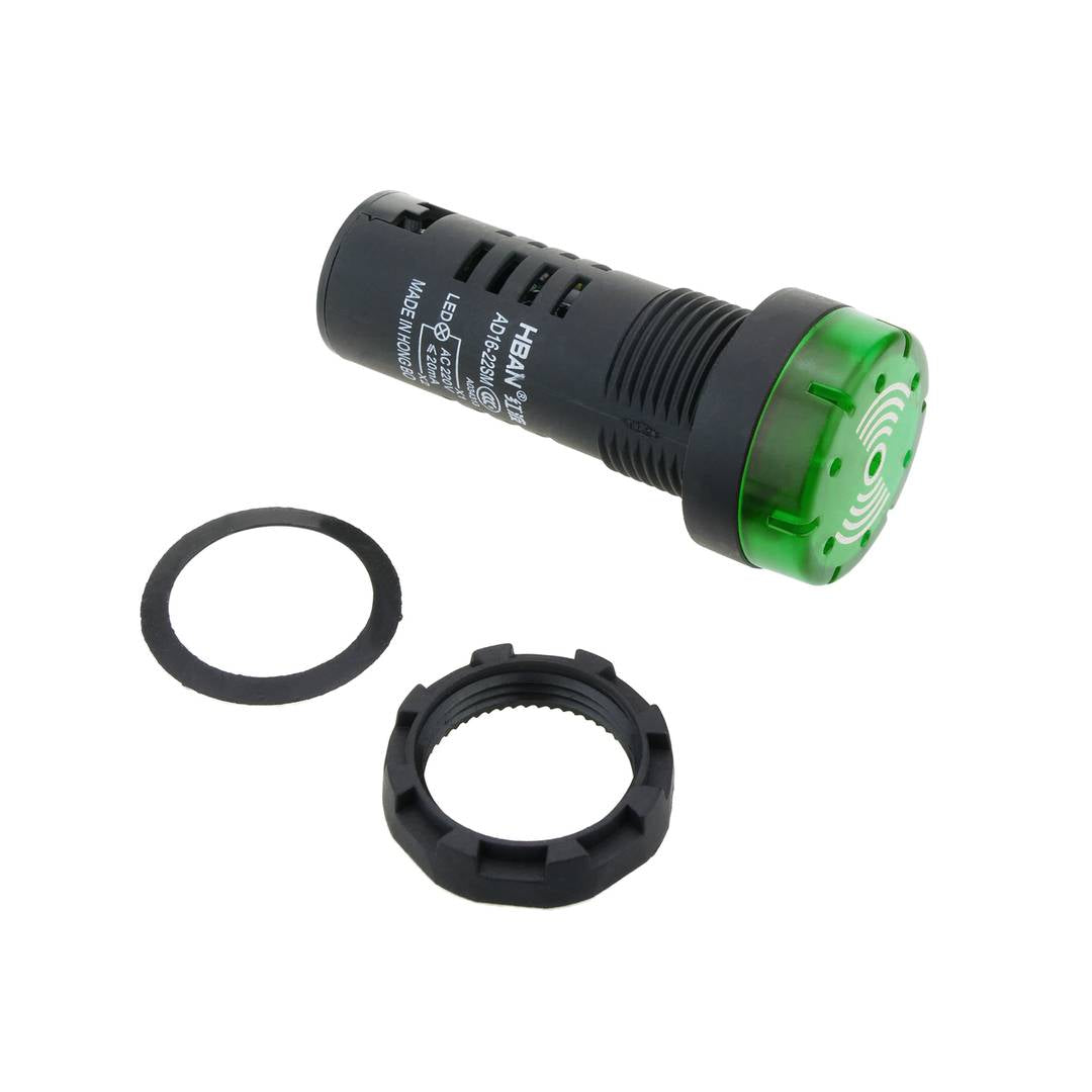 Luz piloto LED intermitente con zumbador de 22 mm para paneles de control 220 VAC verde