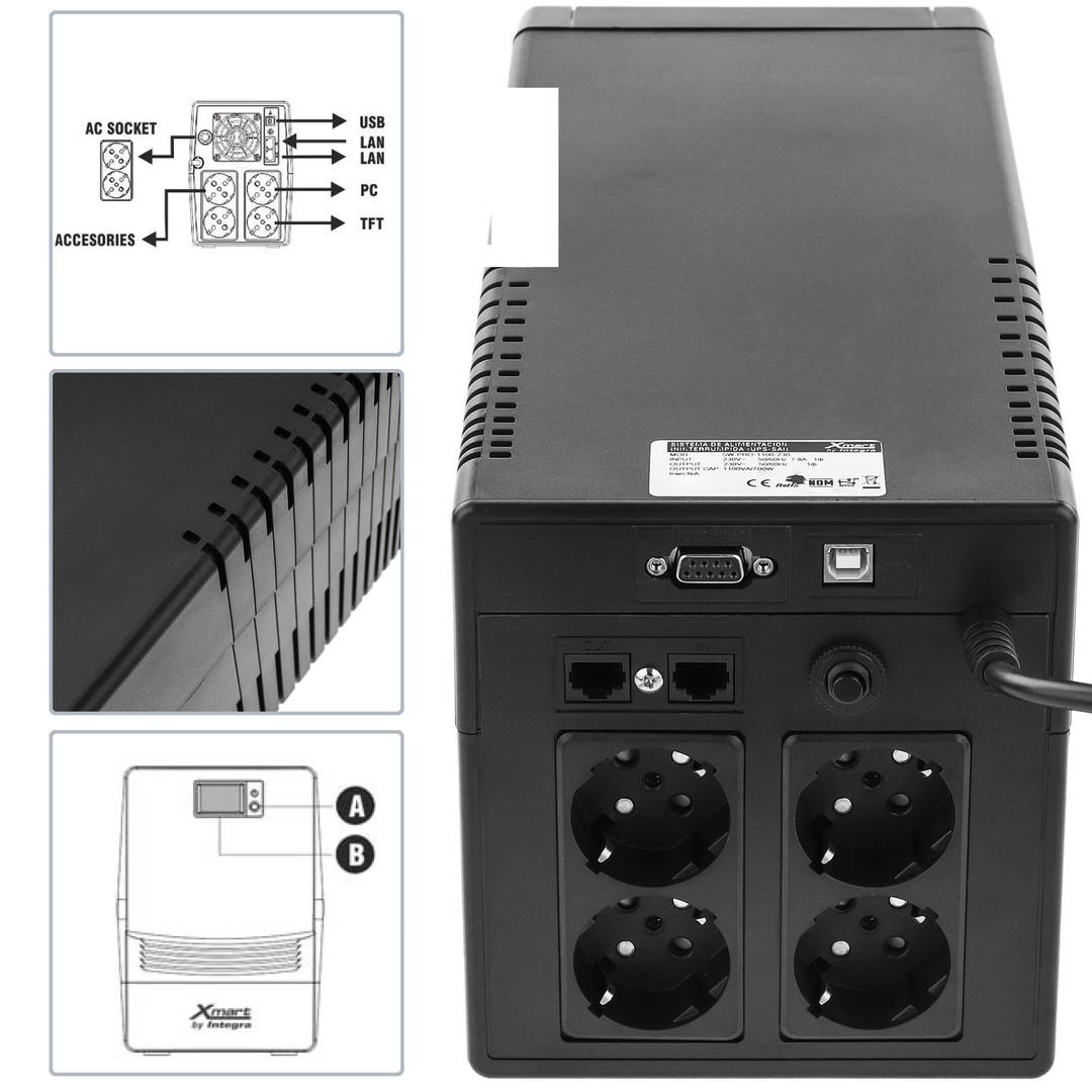 SAI de linea sinusoidal SW-PRO de 1100VA 700W con 4 schuko