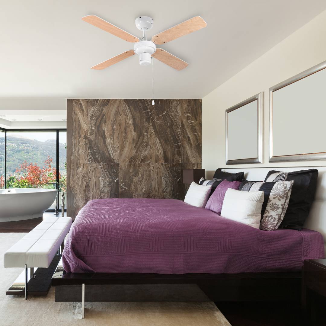 Ventilador de techo color reversible blanco/madera con control de 3 velocidades 50 W con función invierno y verano
