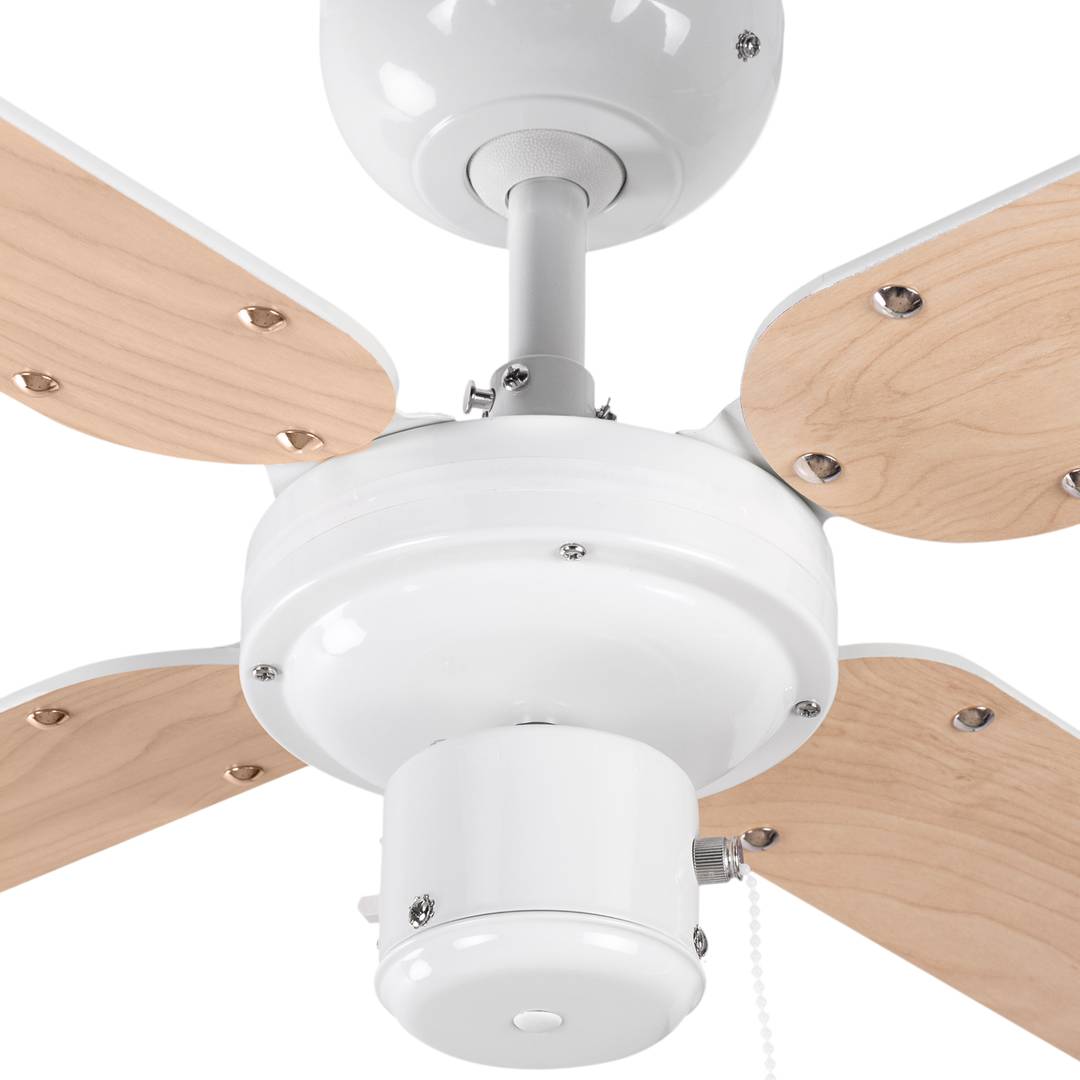 Ventilador de techo color reversible blanco/madera con control de 3 velocidades 50 W con función invierno y verano