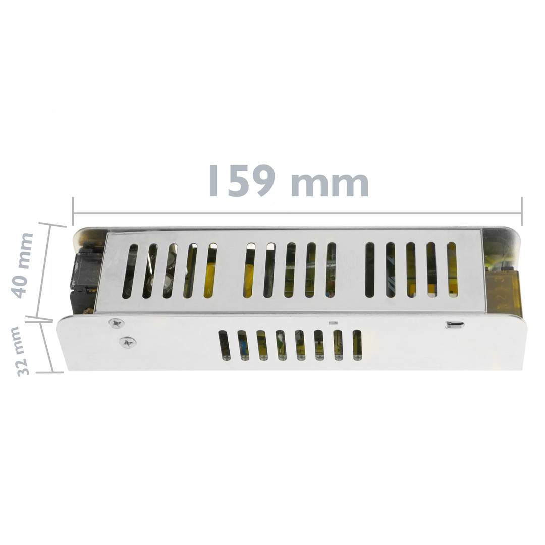 Fuente de alimentación industrial 12VDC 5A. Tamaño 40 x 159 x 32 mm