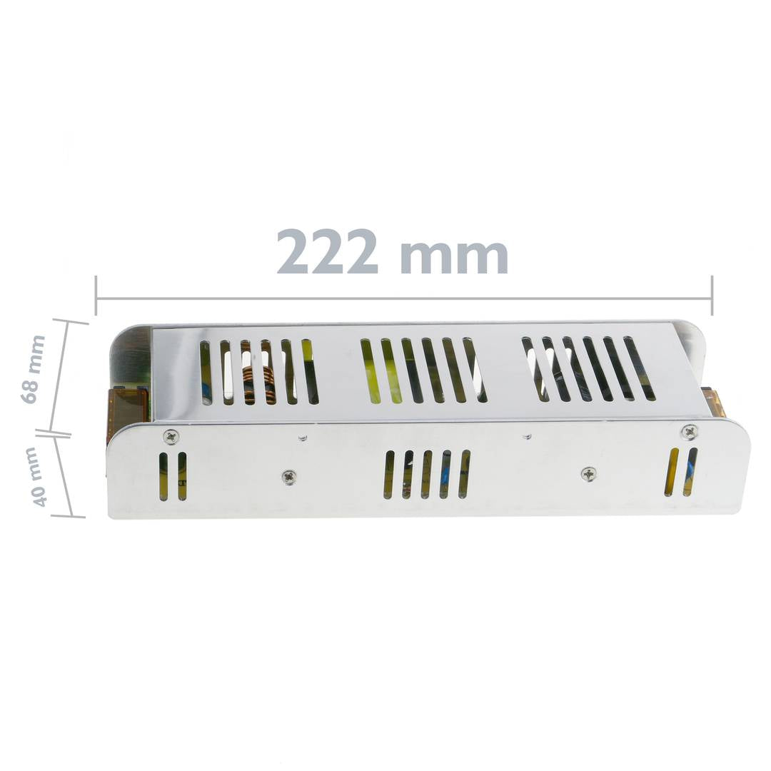 Fuente de alimentación industrial 12VDC 16.7A. Tamaño 68 x 222 x 40 mm