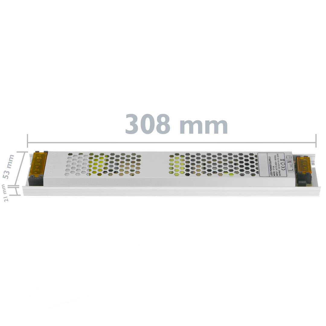 Fuente de alimentación industrial de superficie 12VDC 16.7A. Tamaño 53 x 308 x 21 mm
