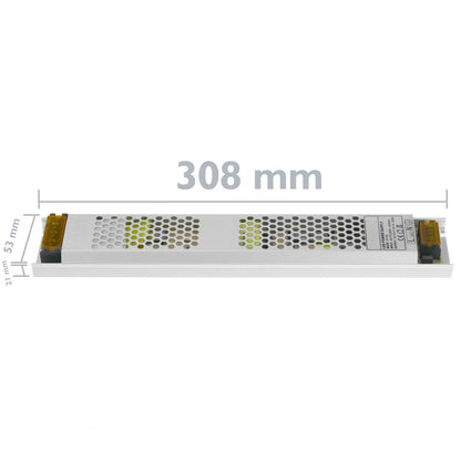 Fuente de alimentación industrial de superficie 12VDC 16.7A. Tamaño 53 x 308 x 21 mm