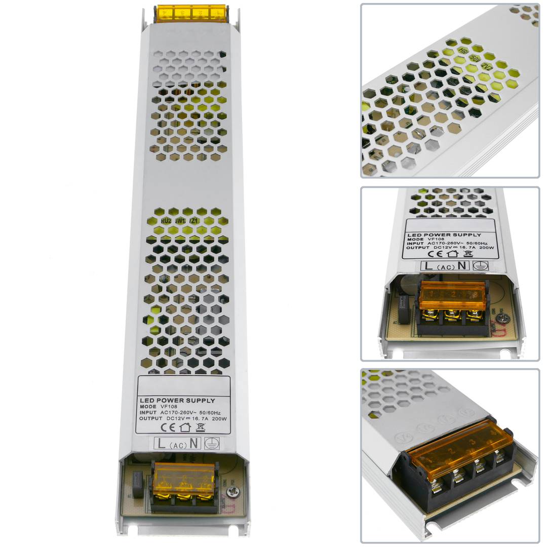 Fuente de alimentación industrial de superficie 12VDC 16.7A. Tamaño 53 x 308 x 21 mm