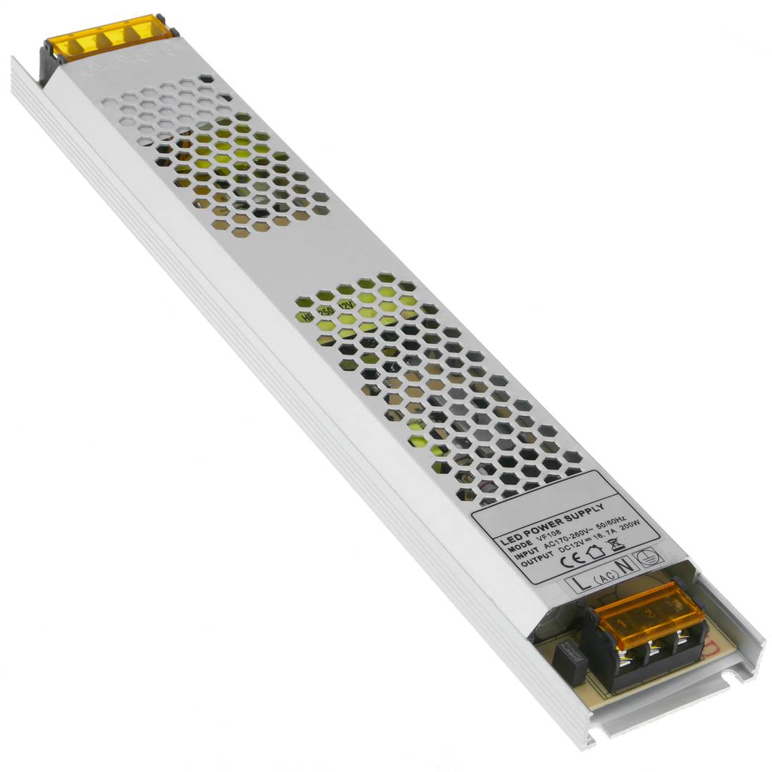 Fuente de alimentación industrial de superficie 12VDC 16.7A. Tamaño 53 x 308 x 21 mm