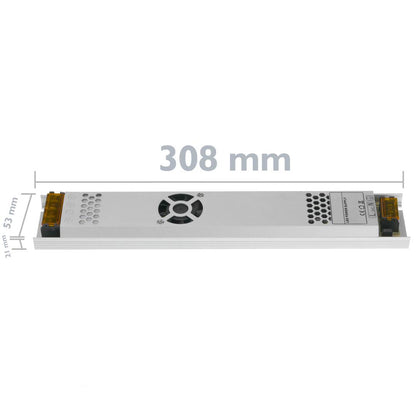 Fuente de alimentación industrial de superficie 12VDC 25A. Tamaño 53 x 308 x 21 mm