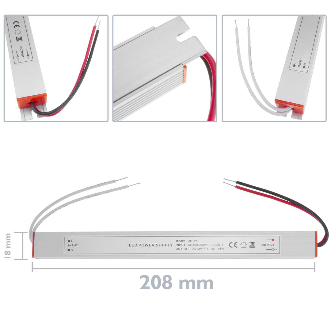 Fuente de alimentación industrial para LED 12VDC 1.5A. Tamaño 18 x 208 x 15 mm
