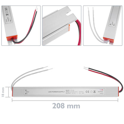 Fuente de alimentación industrial para LED 12VDC 1.5A. Tamaño 18 x 208 x 15 mm