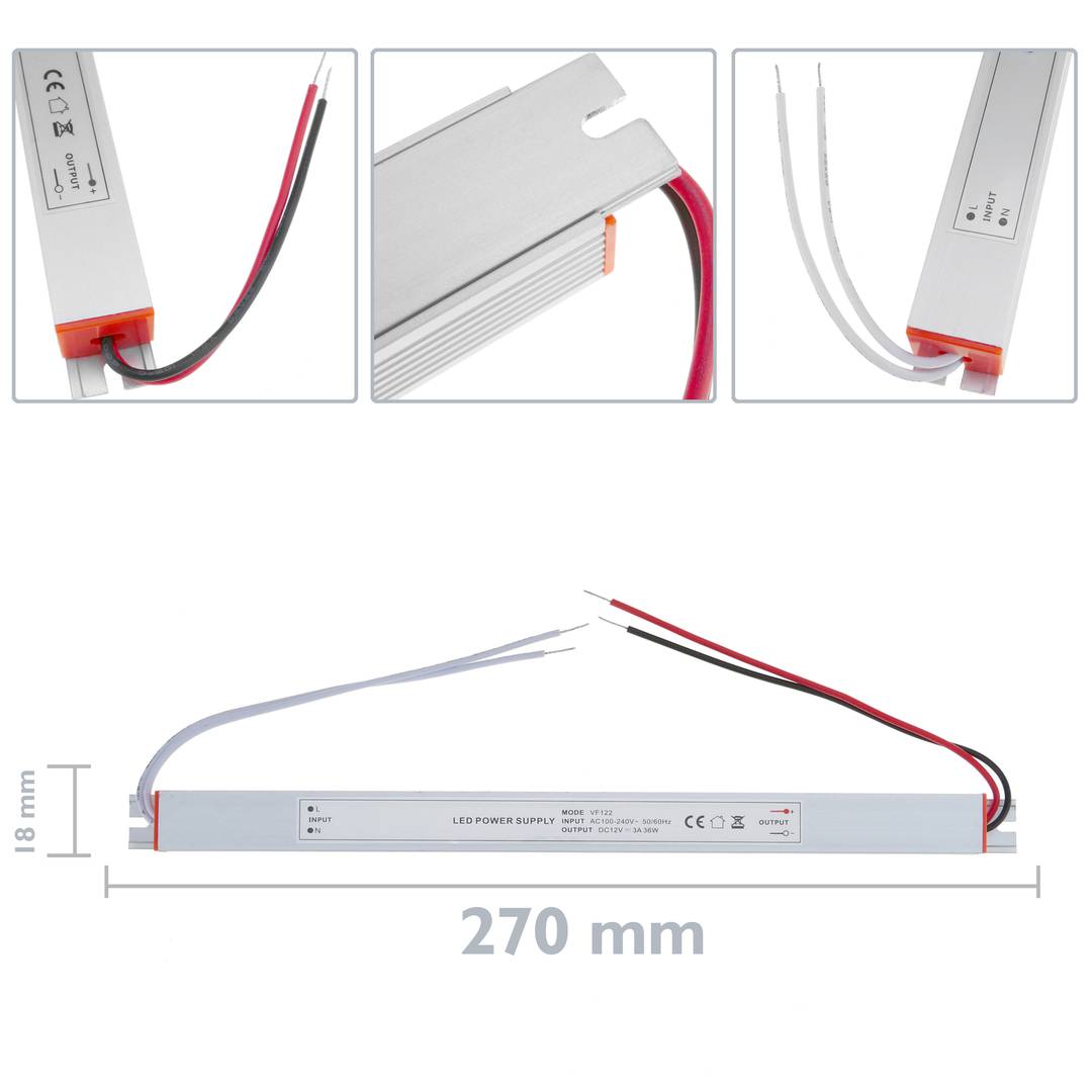 Fuente de alimentación industrial para LED 12VDC 3A. Tamaño 18 x 270 x 15 mm