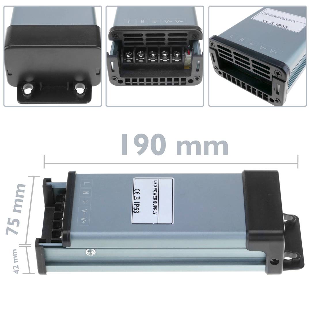 Fuente de alimentación industrial de superficie 12VDC 8.3A. Tamaño 75 x 190 x 42 mm IP53