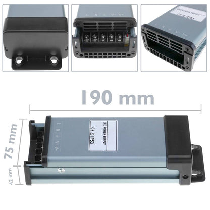 Fuente de alimentación industrial de superficie 12VDC 12.5A. Tamaño 75 x 190 x 42 mm IP53