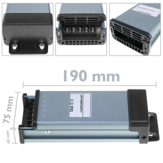 Fuente de alimentación industrial de superficie 12VDC 12.5A. Tamaño 75 x 190 x 42 mm IP53