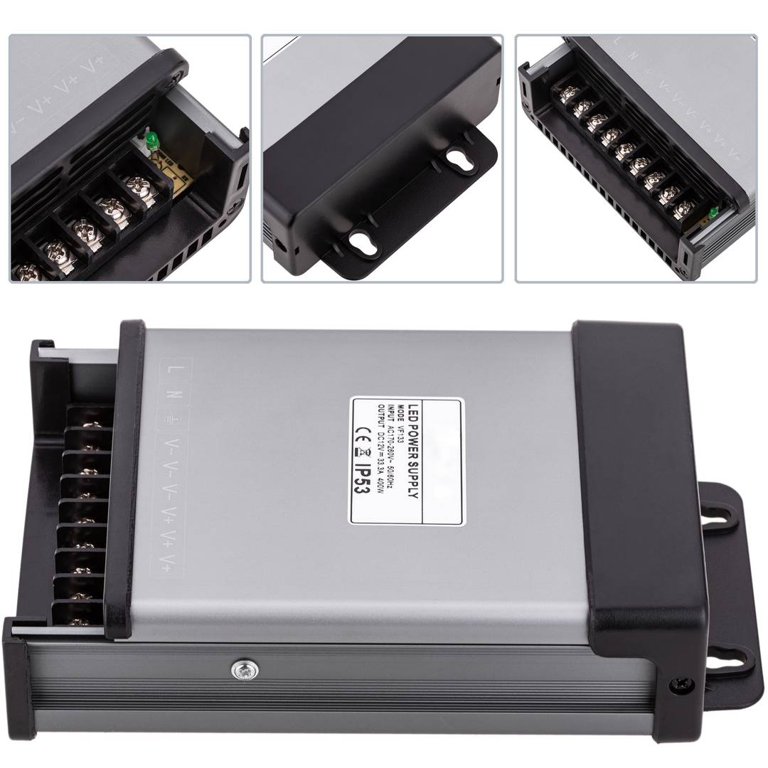 Fuente de alimentación industrial de superficie 12VDC 33.3A. Tamaño 116 x 194 x 50 mm IP53