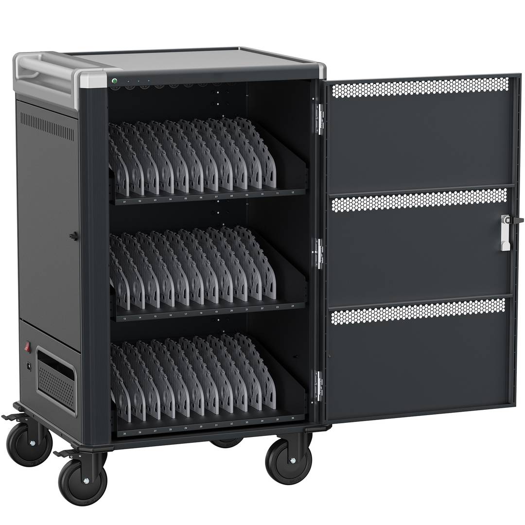 Armario de carga y transporte para 36 tablets y portátiles negro con 36 schuko en 6 regletas