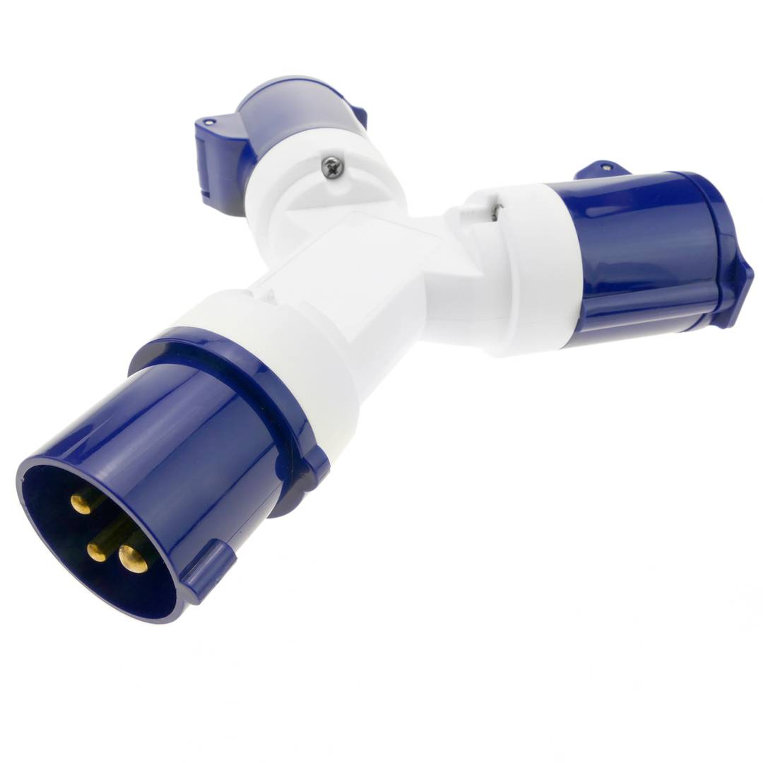 Enchufe industrial Adaptador CETAC macho a 2 x CETAC hembra 2P+T 16A 250V IP44 IEC-60309