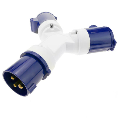 Enchufe industrial Adaptador CETAC macho a 2 x CETAC hembra 2P+T 16A 250V IP44 IEC-60309