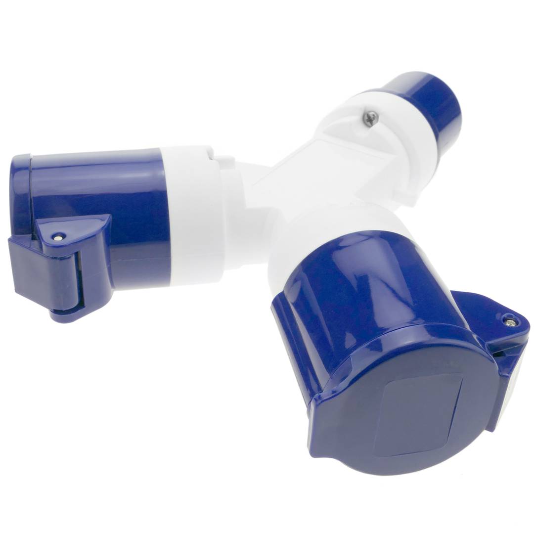 Enchufe industrial Adaptador CETAC macho a 2 x CETAC hembra 2P+T 16A 250V IP44 IEC-60309
